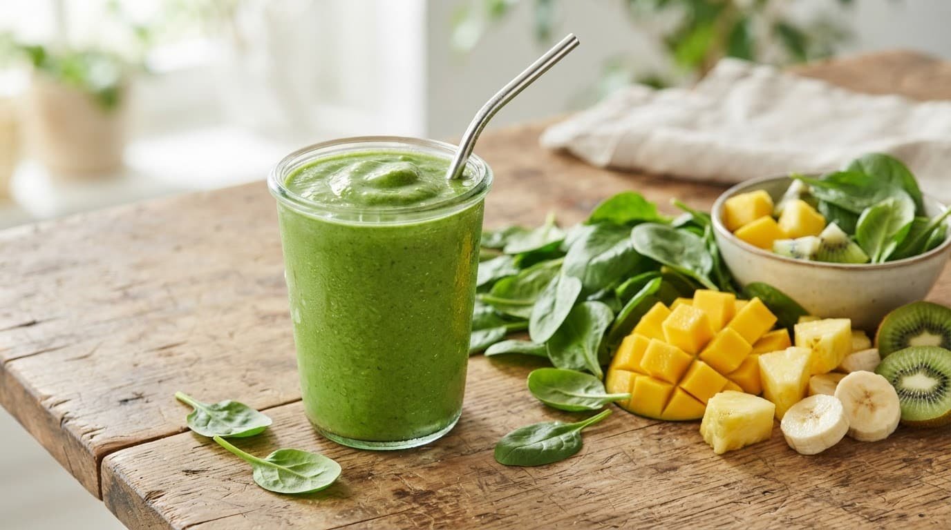 Green smoothie in a clear cup with spinach and tropical fruit on a wooden table.