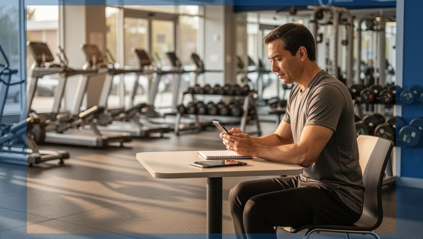 An adult compares gym options with a notebook and phone at a gym entrance.