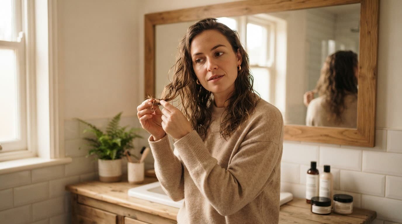 A person checks their hair texture in a softly lit bathroom mirror.