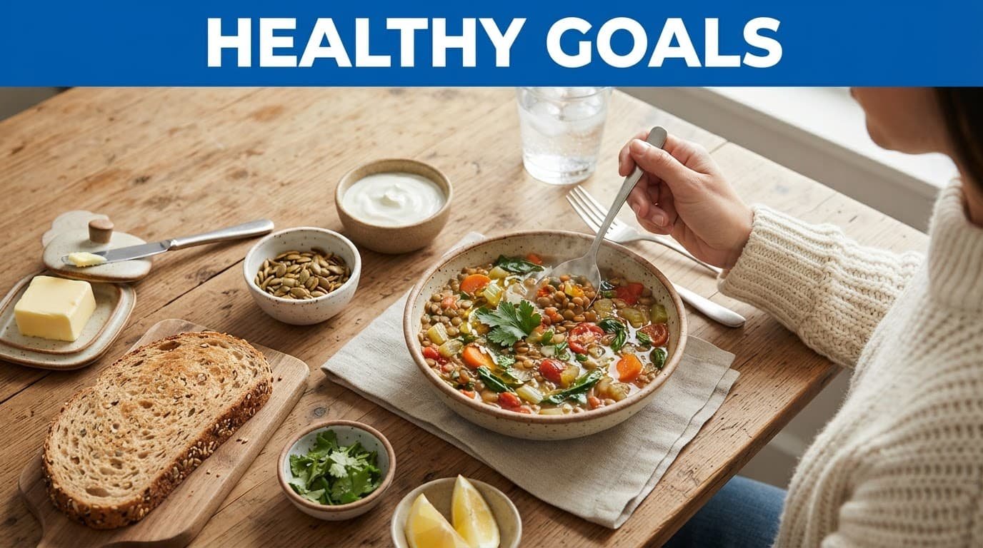 Lentil vegetable soup with toppings and whole grain bread on a wooden table.