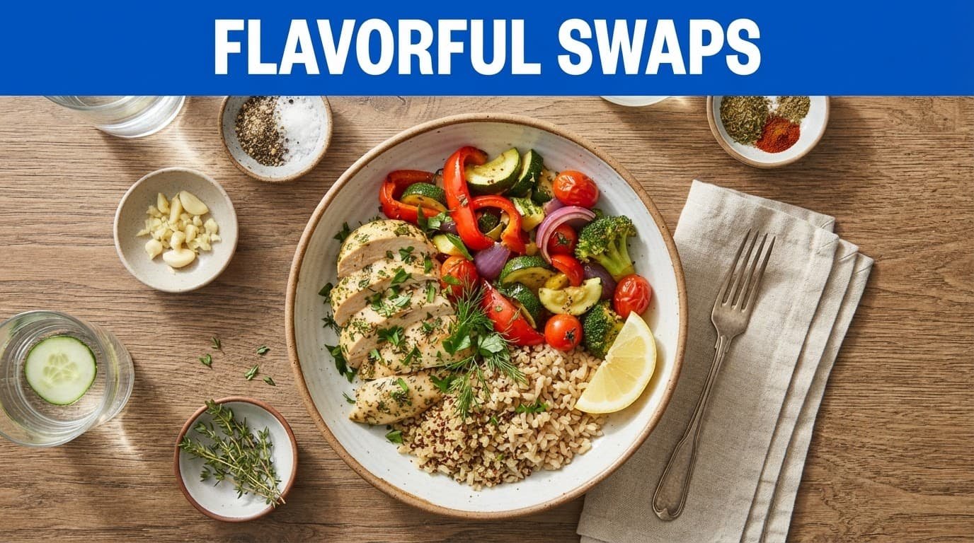 A colorful healthy meal with chicken, vegetables, grains, herbs, and spices on a kitchen table.