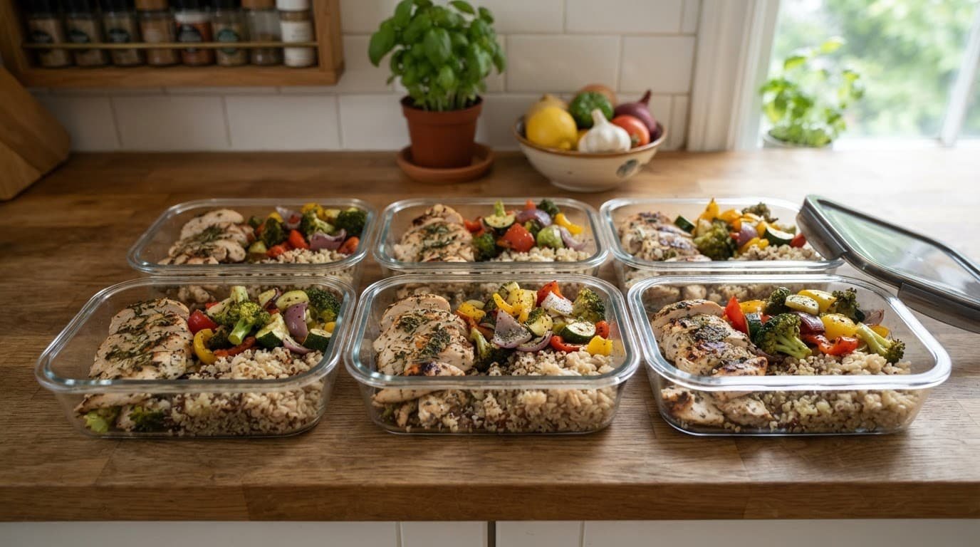 Meal prep containers with chicken, vegetables, and grains on a kitchen counter.