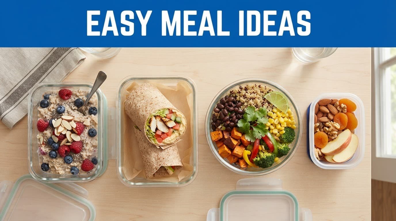 Four healthy meal portions arranged on a kitchen table with reusable containers.