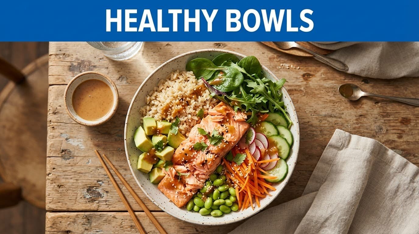 Salmon, rice, avocado, and greens fill a bowl on a wooden table.