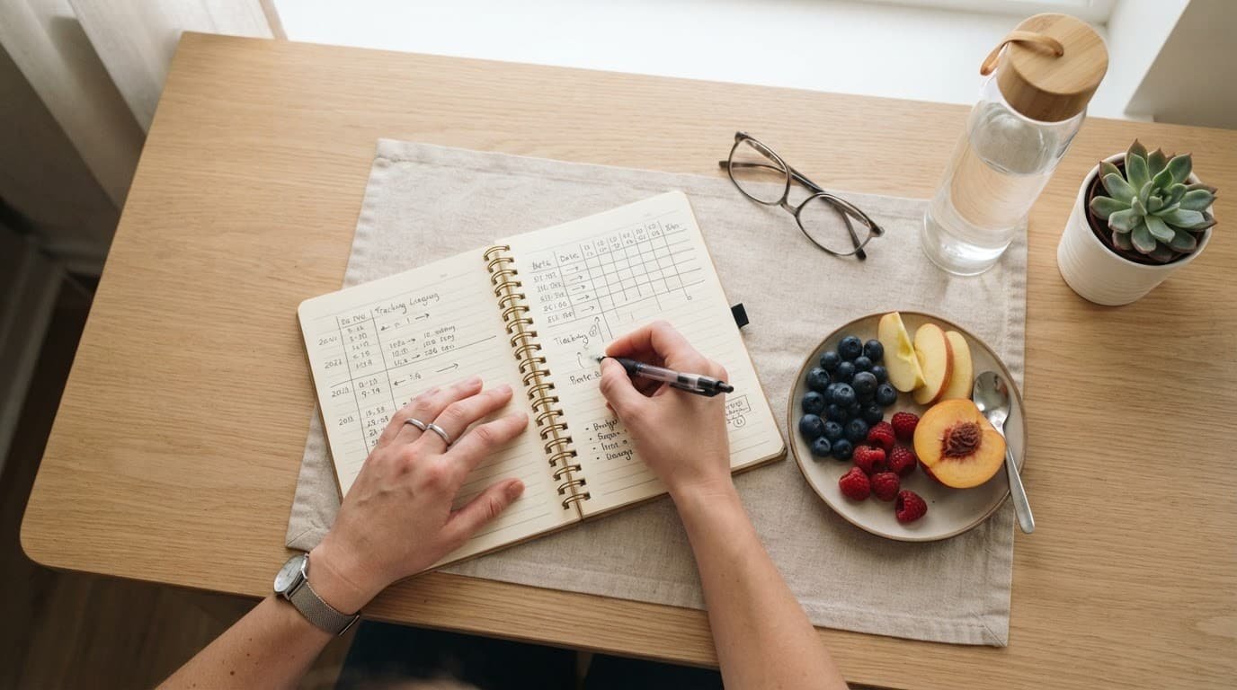 A person tracks weight goals beside a notebook and fresh fruit on a bright desk.