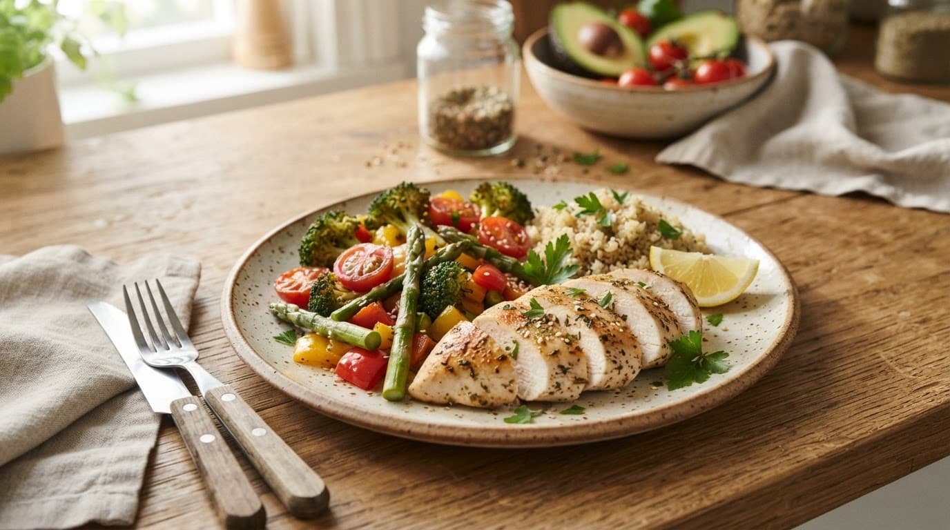 A plate of grilled chicken, vegetables, greens, and grains on a wooden counter.