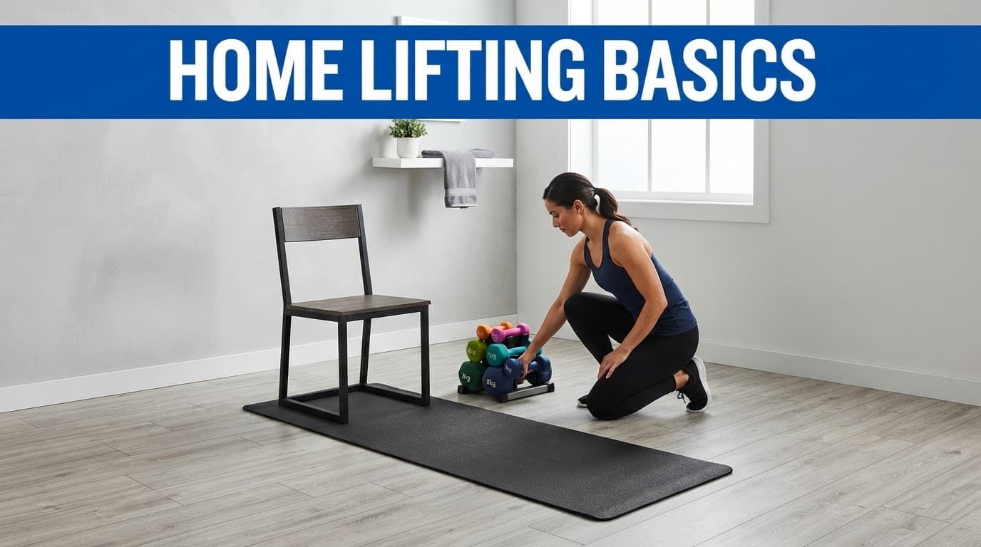 Neoprene dumbbells, a yoga mat, and chair arranged in a bright home gym.