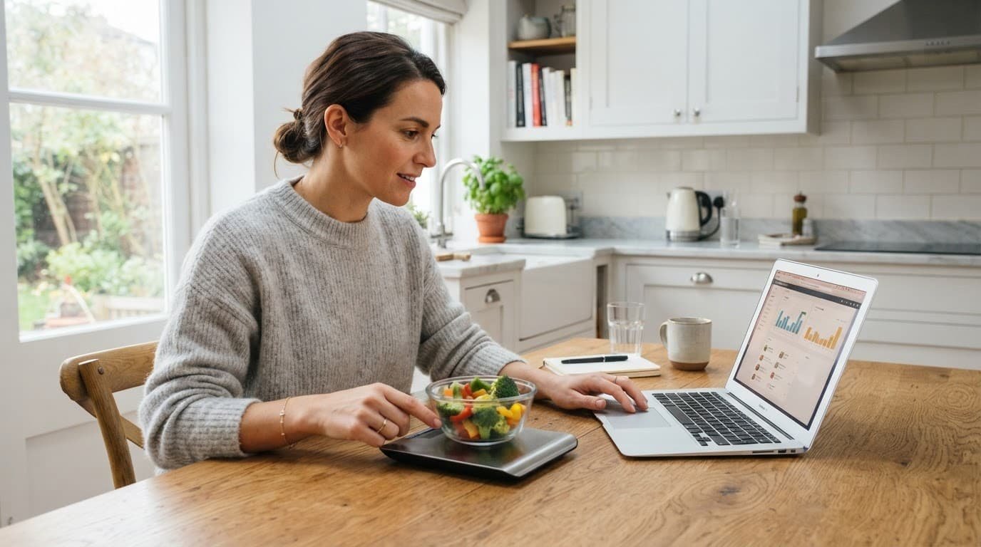 Person weighing food beside a laptop at a wooden kitchen table.