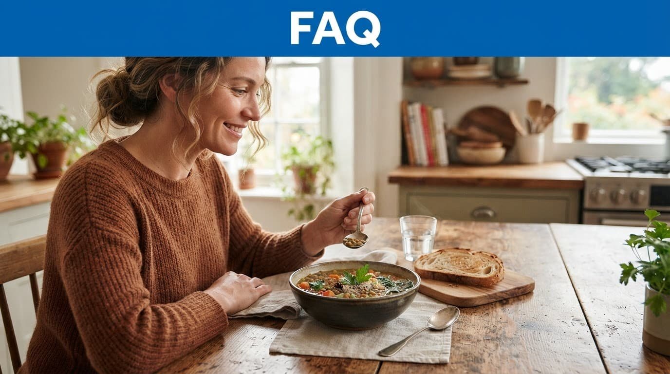 A bowl of lentil vegetable soup on a wooden table beneath a blue FAQ banner.