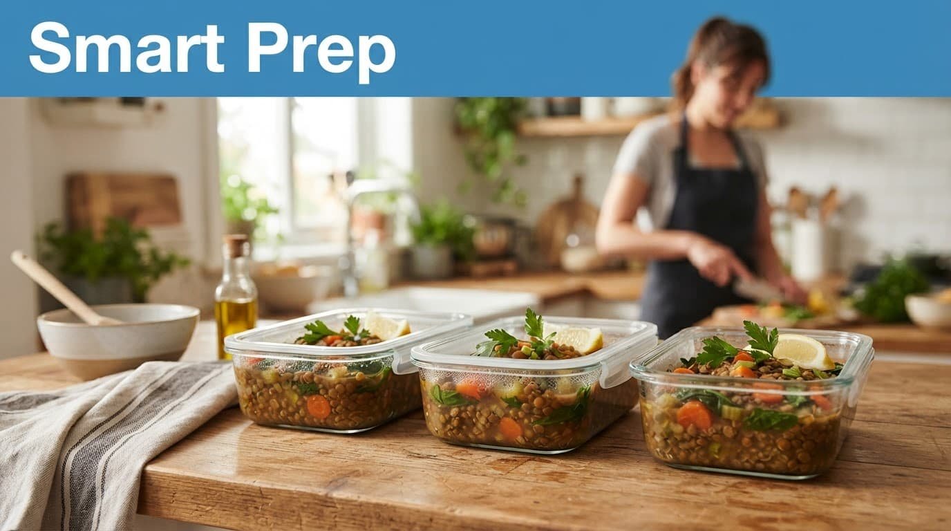 Glass containers of lentil soup arranged on a wooden kitchen counter.