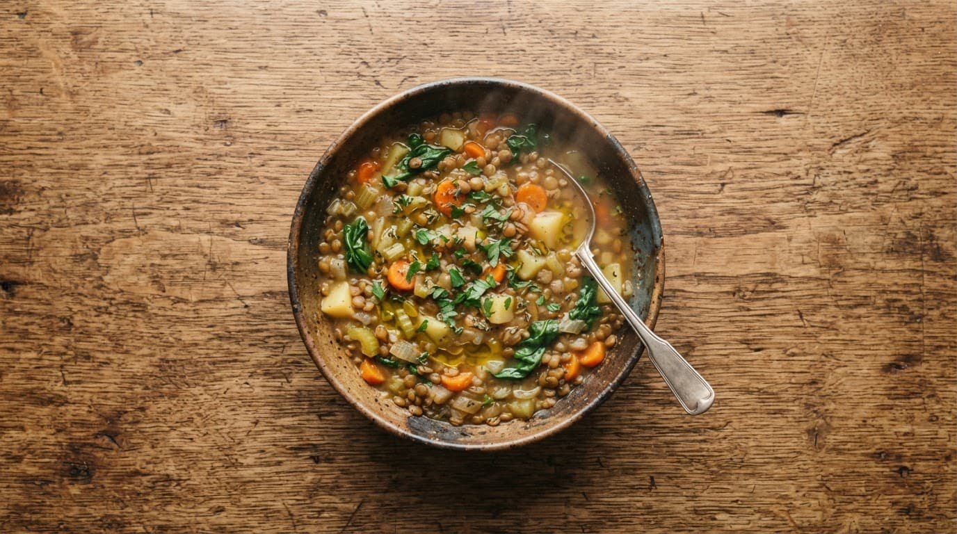 A warm bowl of lentil and vegetable soup on a wooden table.