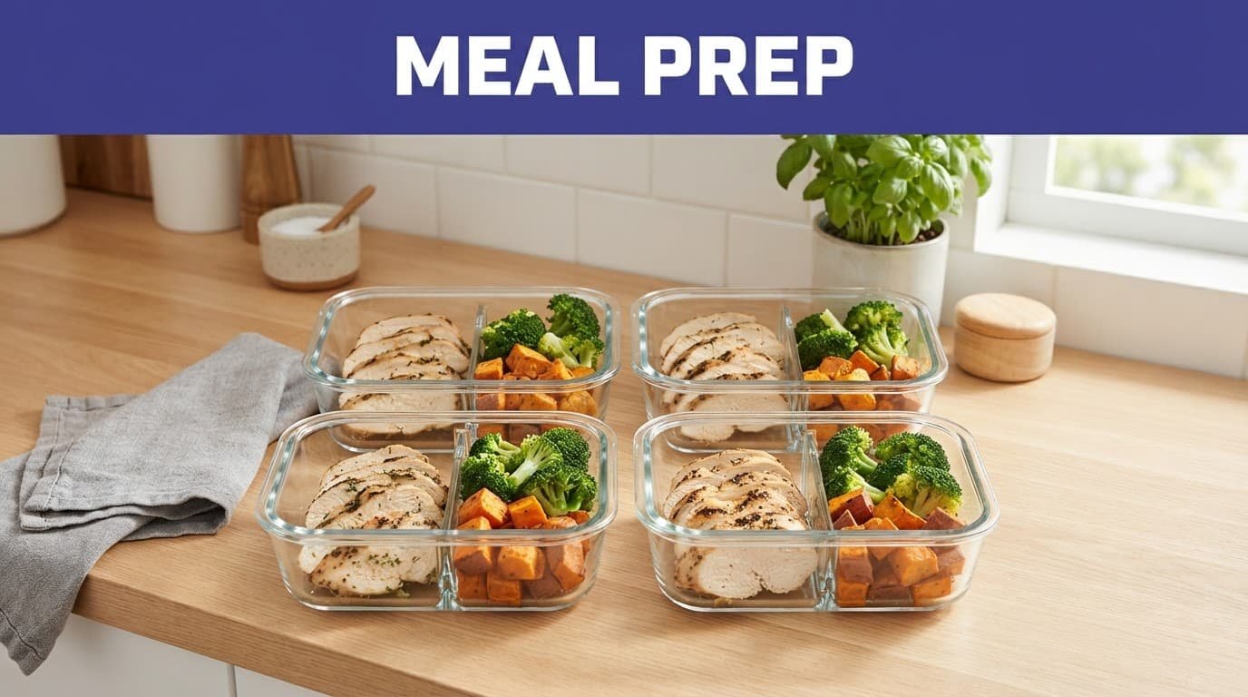 Glass meal prep containers hold chicken, sweet potatoes, and broccoli on a kitchen counter.