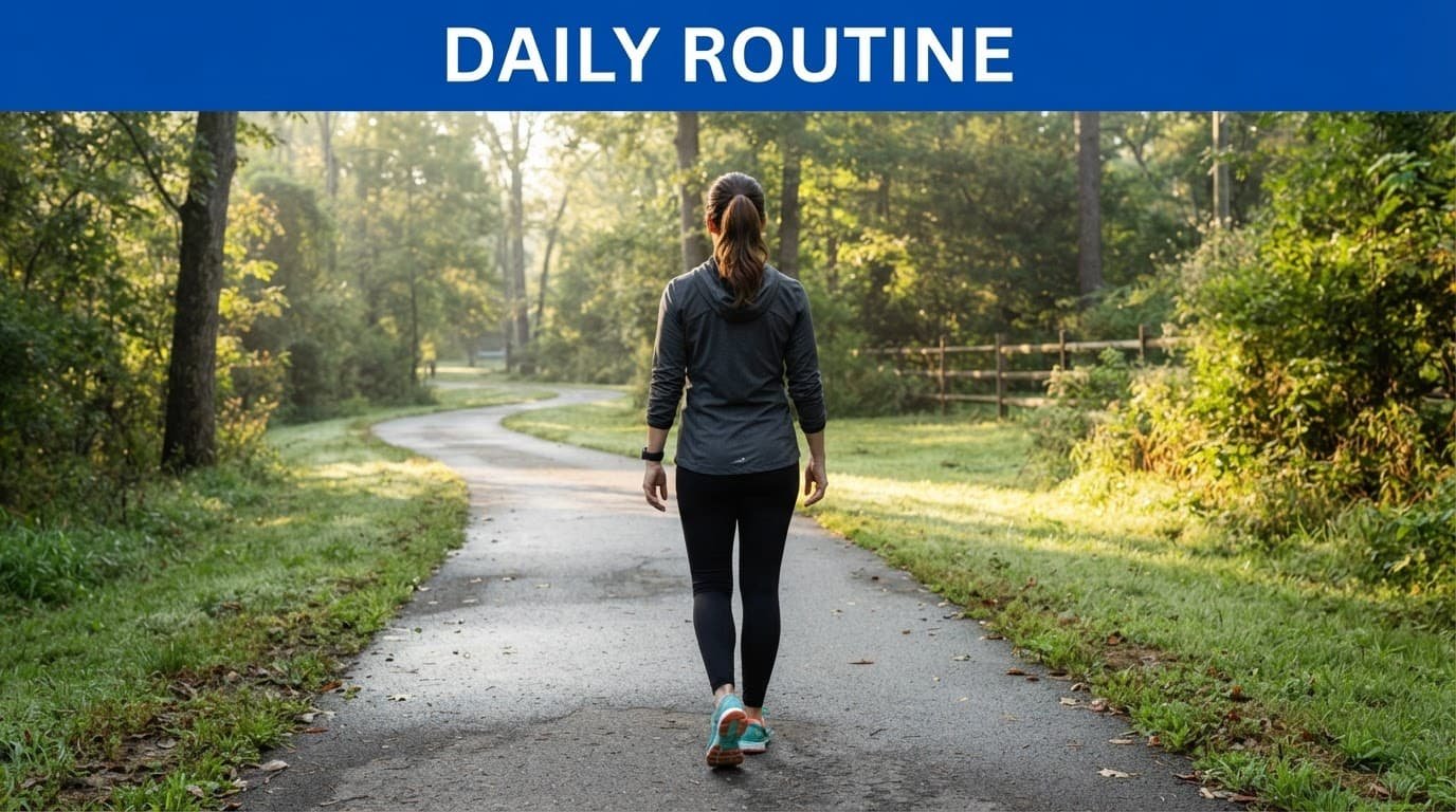 One person in sneakers starts a morning walk on a paved park path under a blue Daily Routine banner.