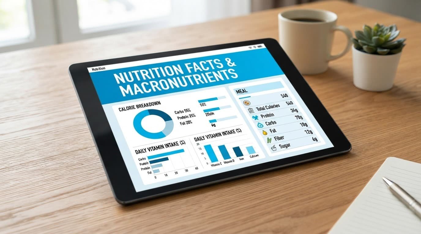 Tablet showing colorful nutrition charts on a wooden table.