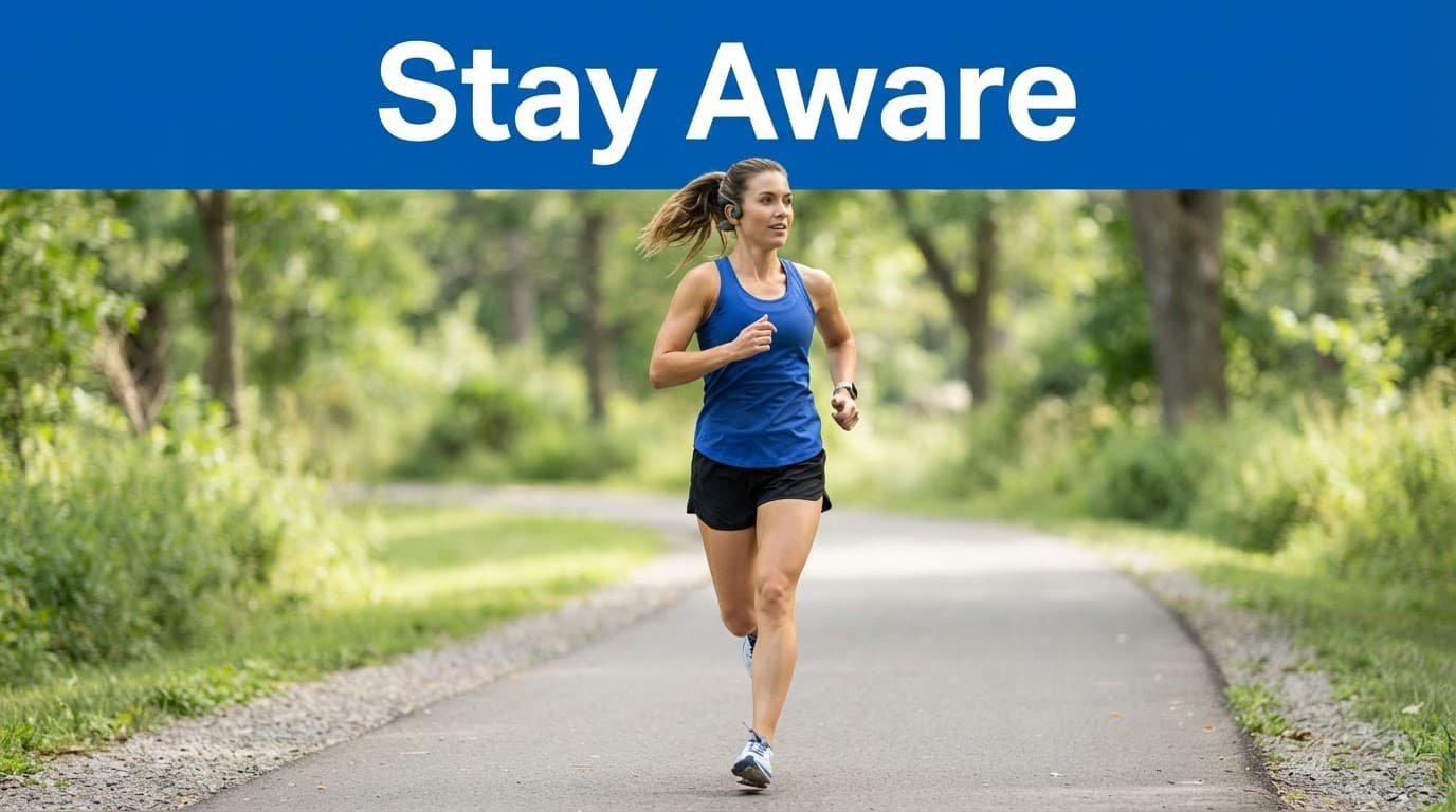 A runner wearing headphones on a paved park trail.