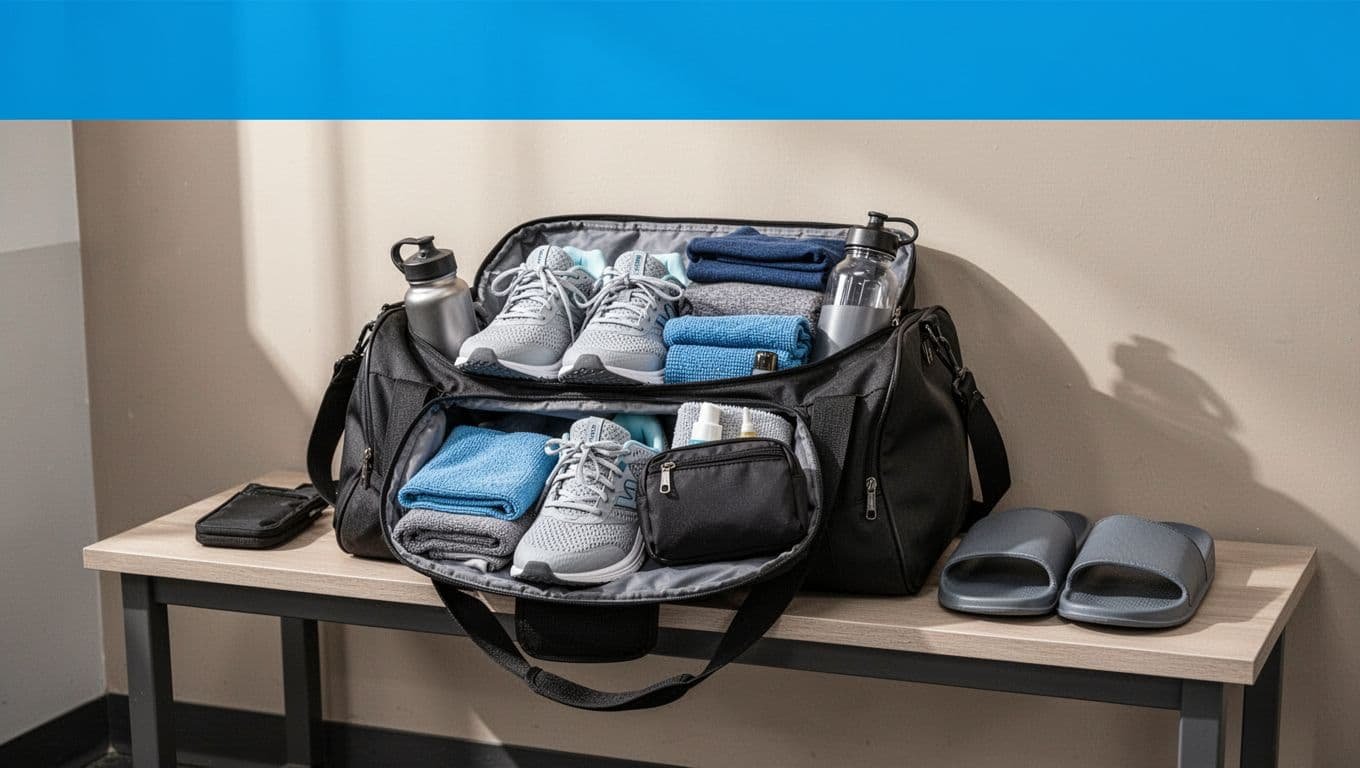Open gym bag with clothes, shoes, towel, toiletries, and a water bottle.