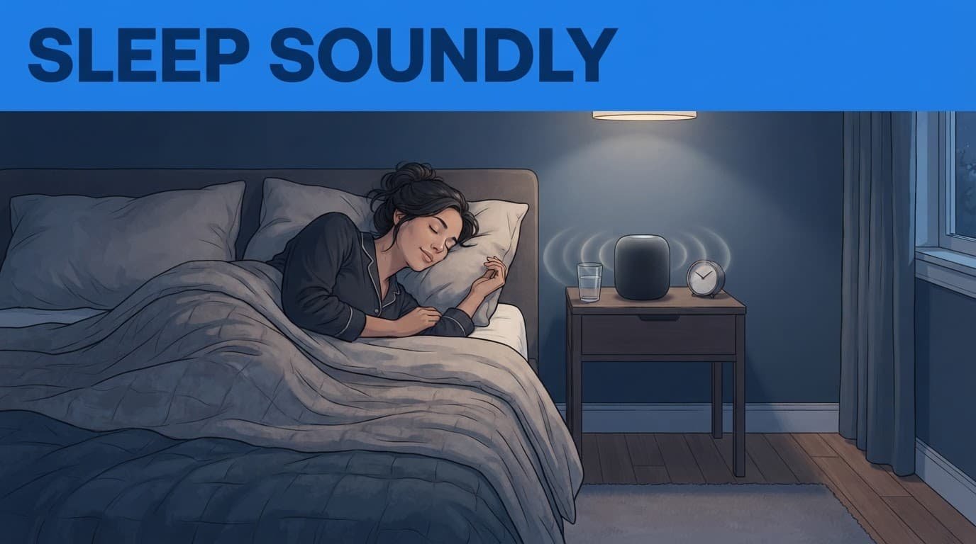 One person rests in bed beside a small speaker in a dim blue bedroom.