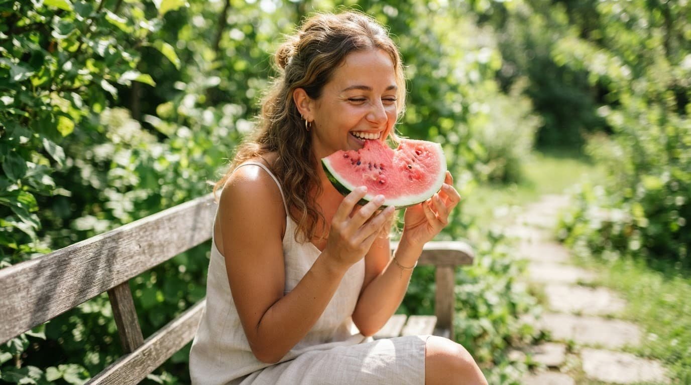 A person eating watermelon outdoors on a bright sunny day.