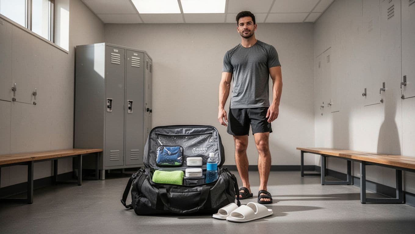 One adult stands beside an open gym bag with shower items in a clean locker room.