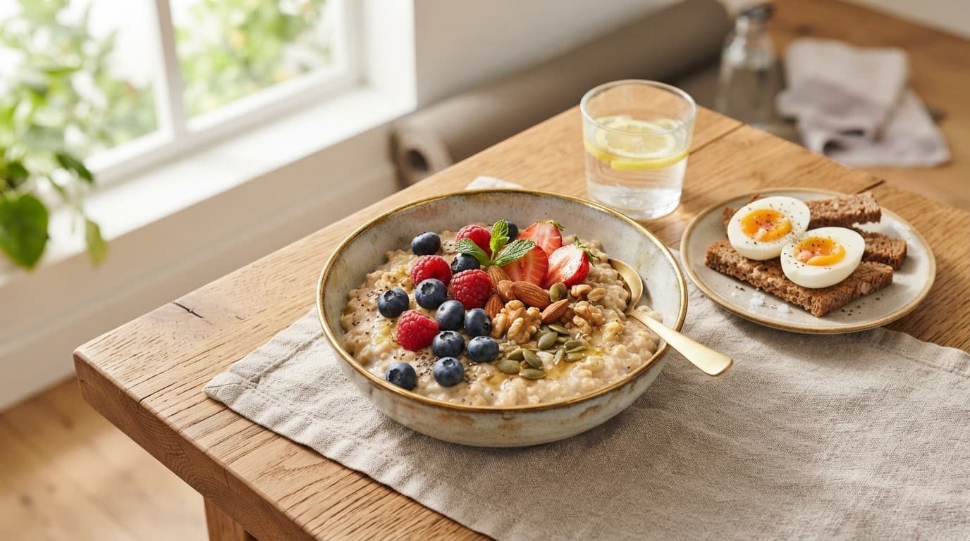 Oatmeal topped with fruit in a bowl on a sunlit wooden table.