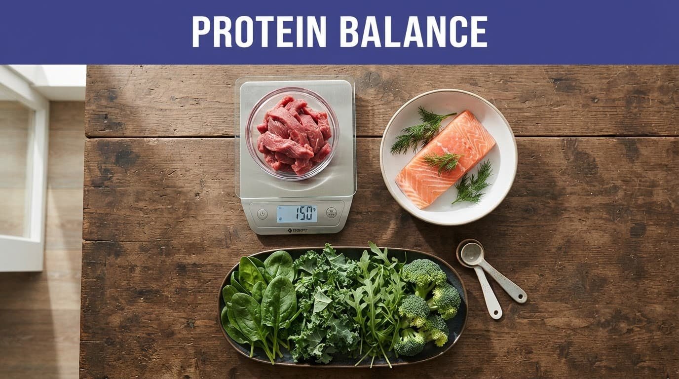 A food scale beside beef, salmon, and leafy greens under a protein banner.
