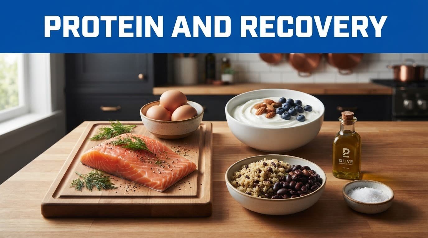 Salmon, eggs, Greek yogurt, and produce sit on a counter beneath a blue Protein and Recovery banner.