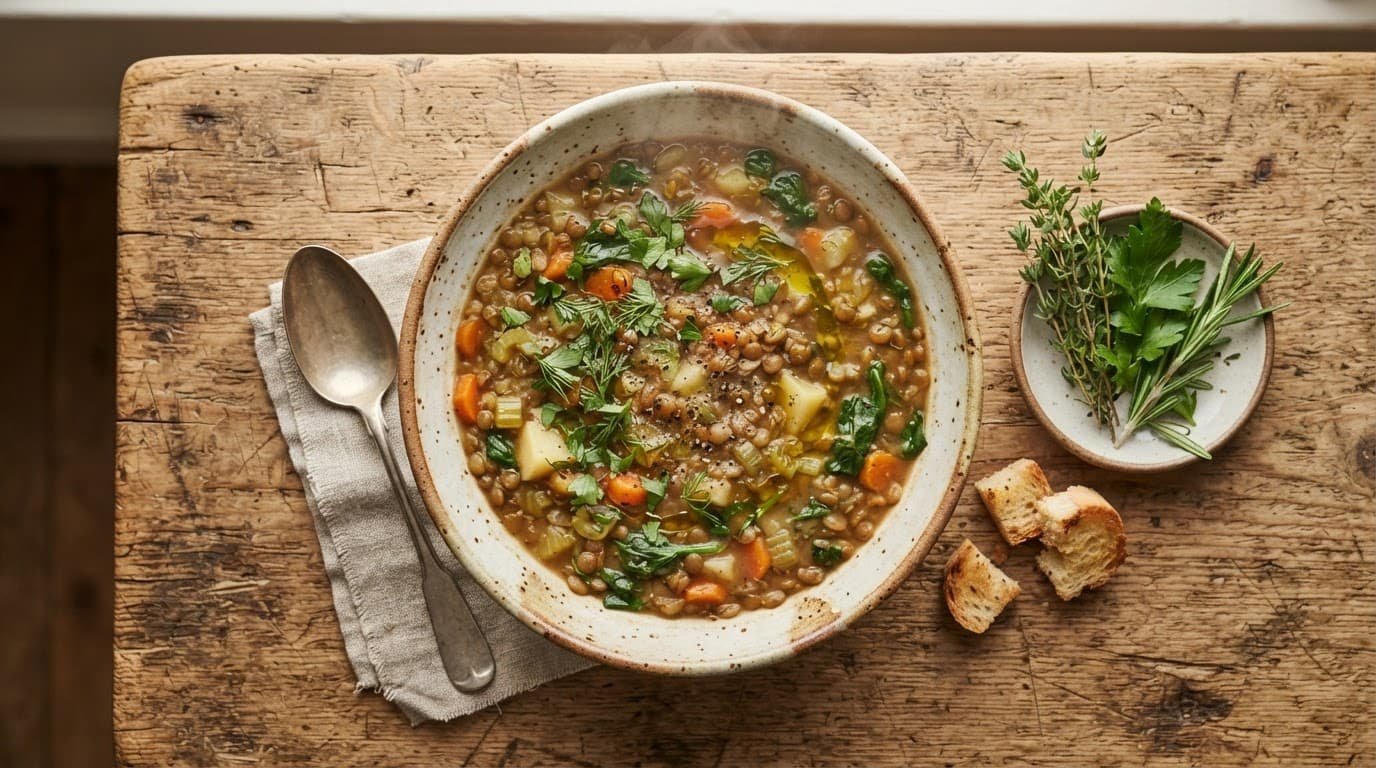 A ceramic bowl of lentil soup topped with fresh herbs on a wooden table.