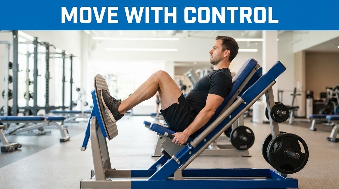 One person uses a blue incline leg press with stable feet and a neutral back.