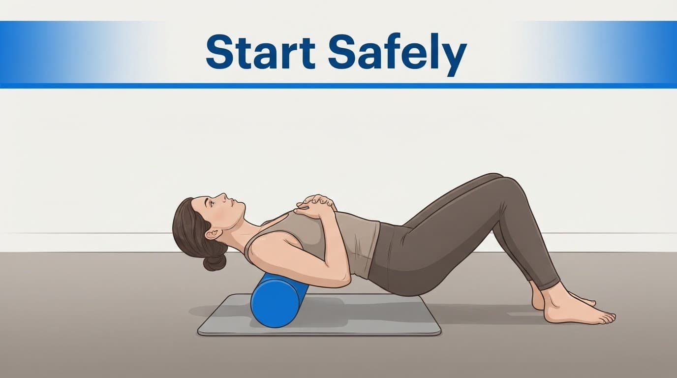 Beginner using a foam roller beneath the upper back on an exercise mat.