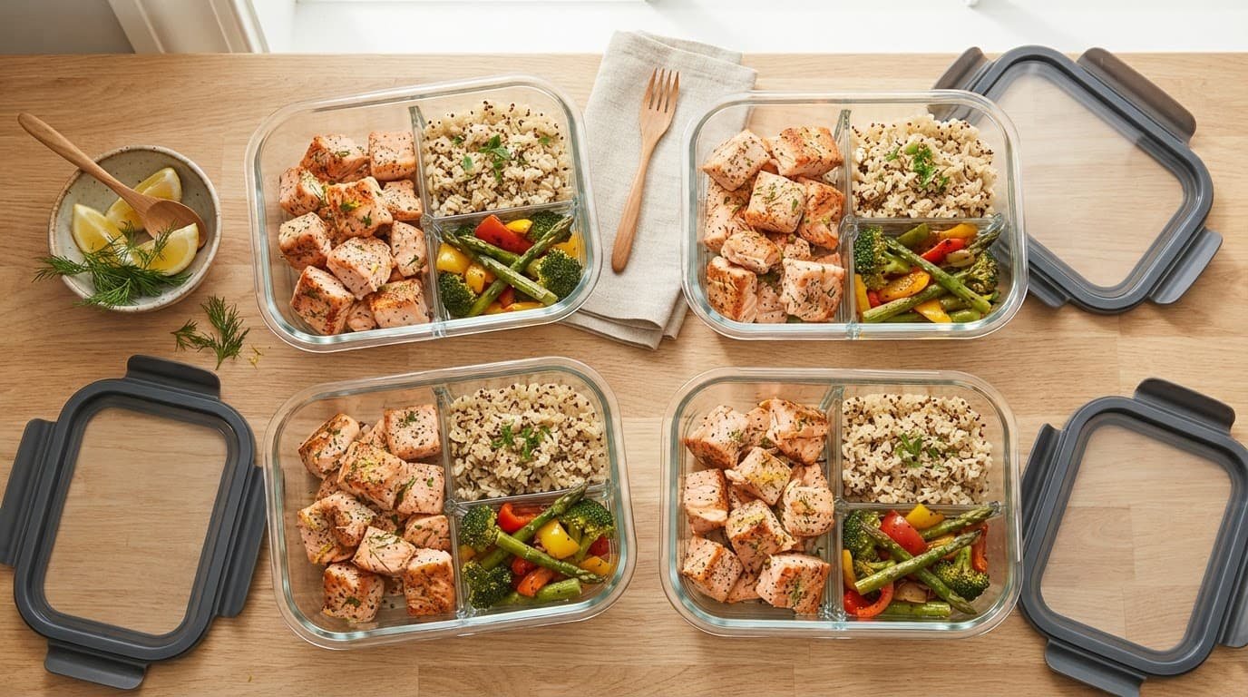 Glass meal prep containers filled with salmon, brown rice, and vegetables.