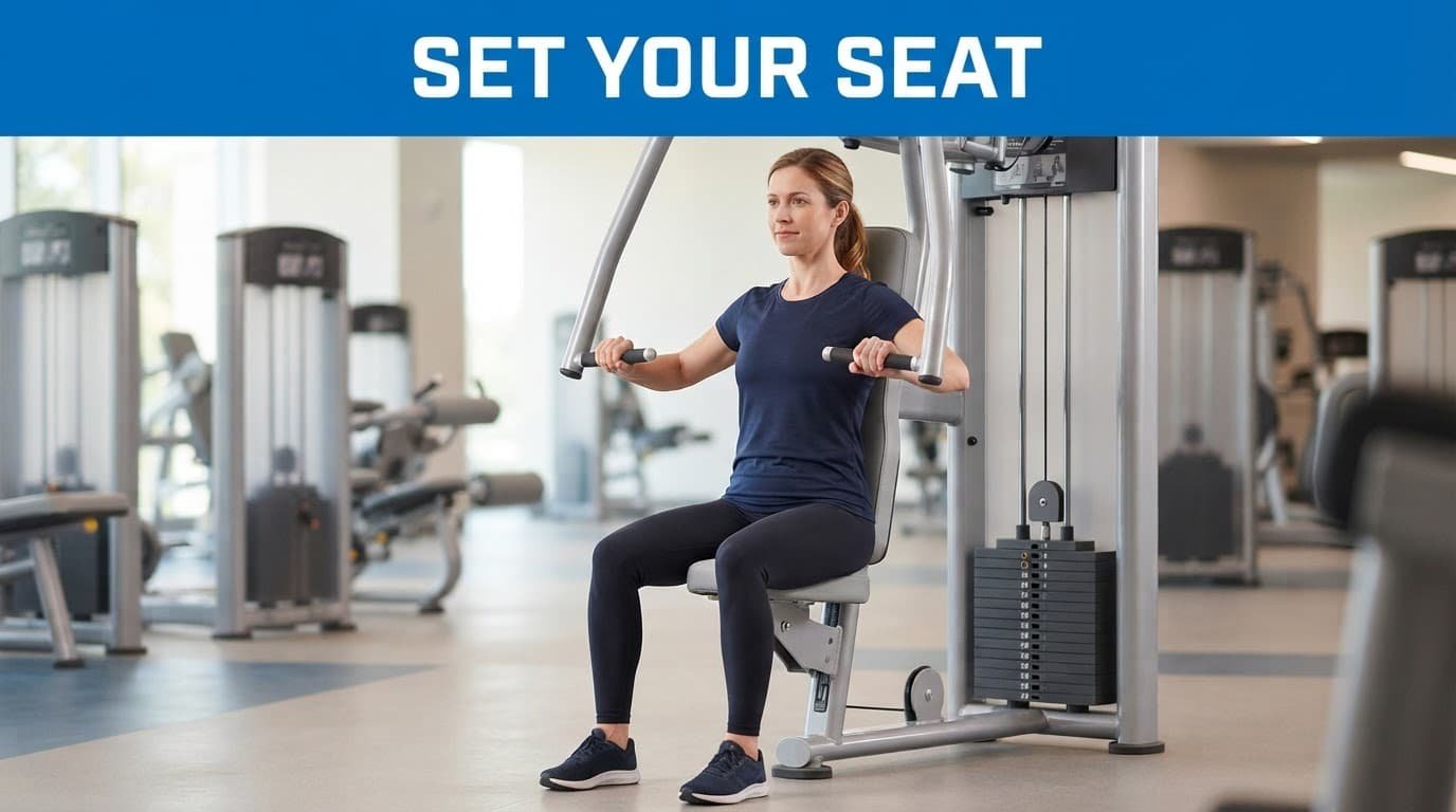 Beginner using a chest press machine with the seat adjusted to chest height.