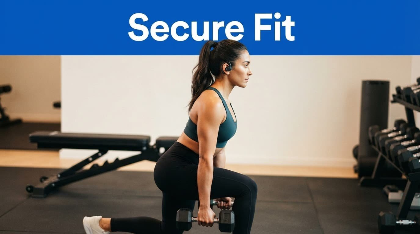 Athlete exercising in profile with earhook earbuds and blurred gym equipment behind.