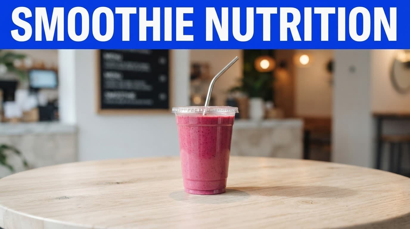 A smoothie cup sits beneath a blue 