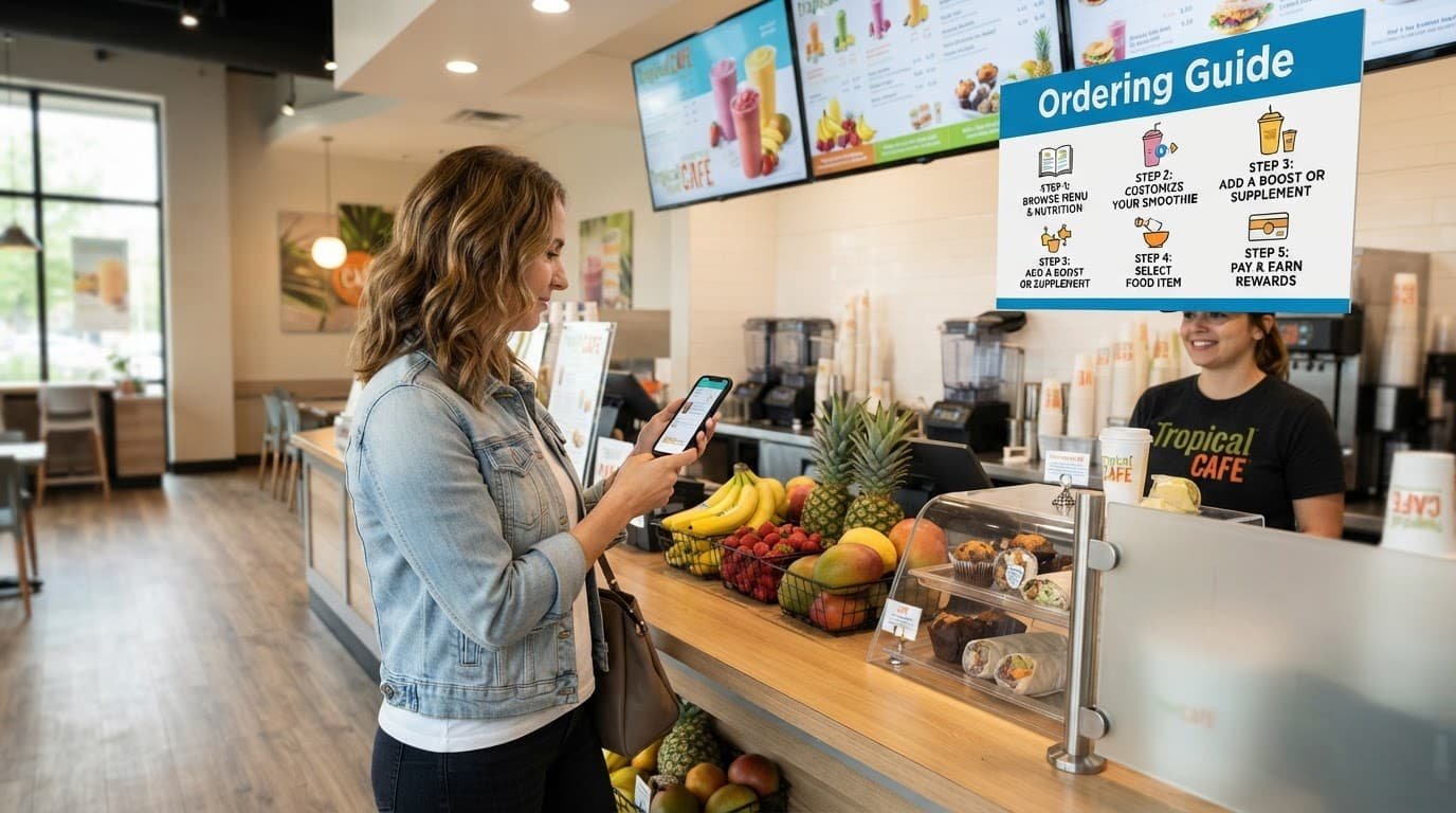 A customer views a smoothie ordering guide beside fruit and a digital menu.
