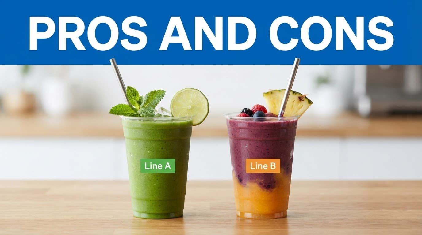 Two different smoothie cups sit beneath a blue Pros And Cons banner.