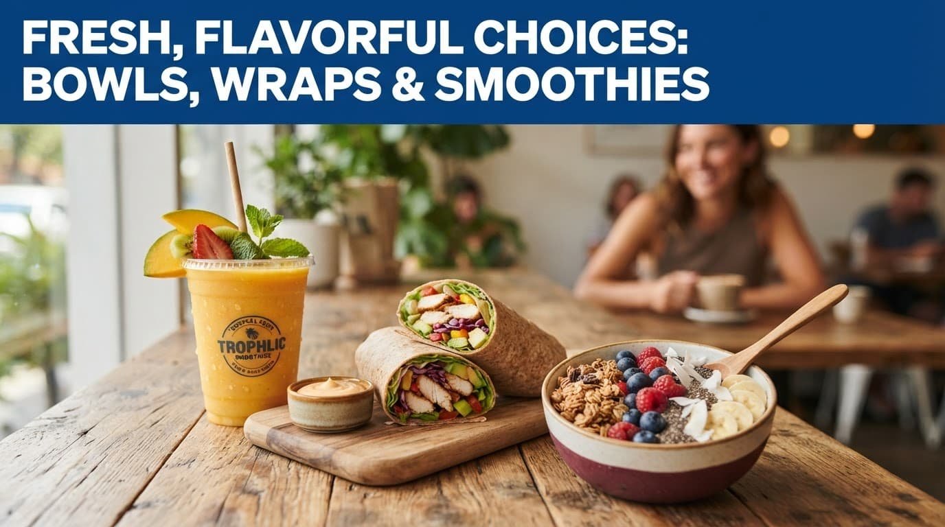 Smoothie, chicken wrap, and acai bowl arranged on a wooden table with a blurred person behind.