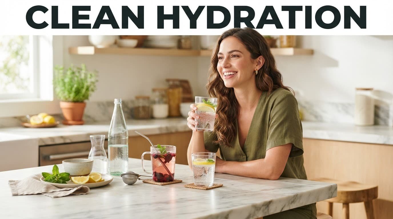 Clear glasses of sparkling water and herbal tea sit on a marble counter with one person behind them.
