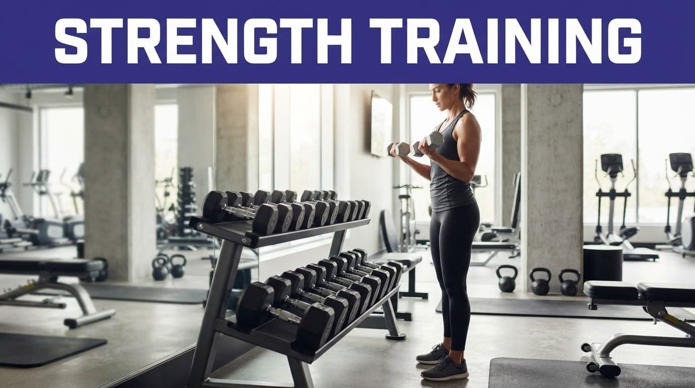 One person lifts light weights beside a dumbbell rack in a sunlit gym.
