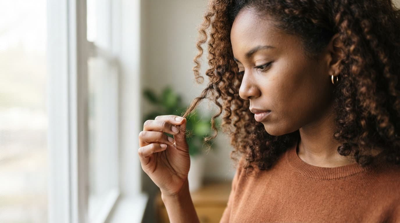 A person examining textured hair strands beside a bright window.