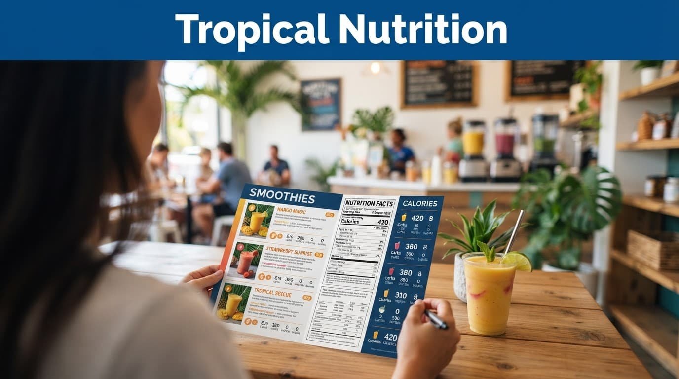 Nutrition guide displayed in a modern cafe with a blue headline band and blurred person behind it.