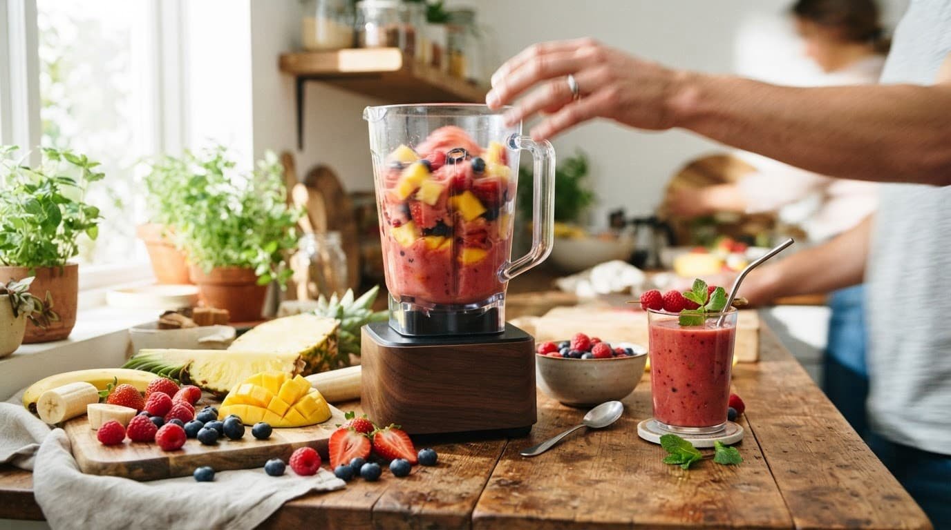 A colorful fruit smoothie blends beside berries, pineapple, and mango on a wooden counter.