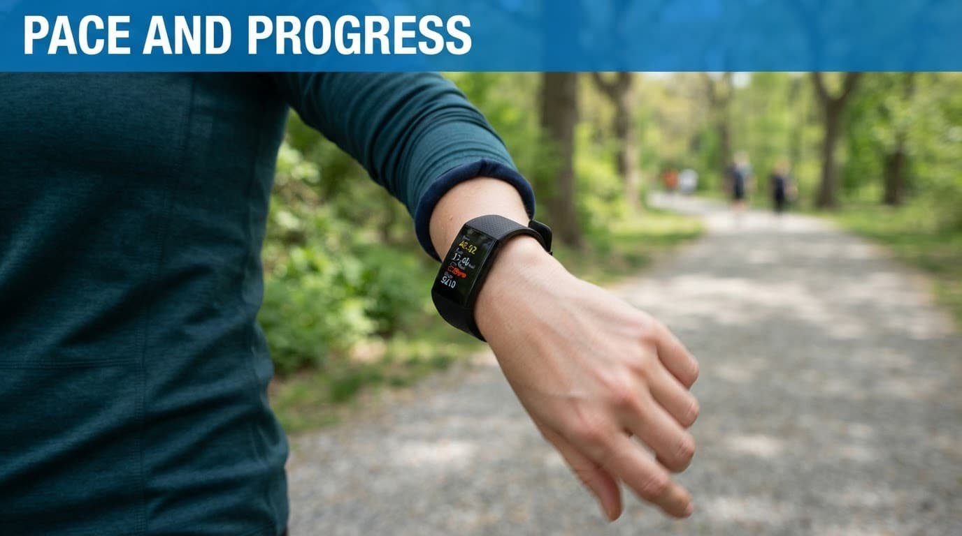 A fitness tracker on a wrist during an outdoor walk.
