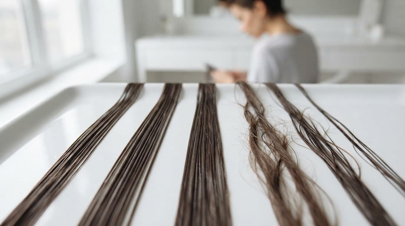 Wet hair strands on a clean surface with a blurred person behind them.
