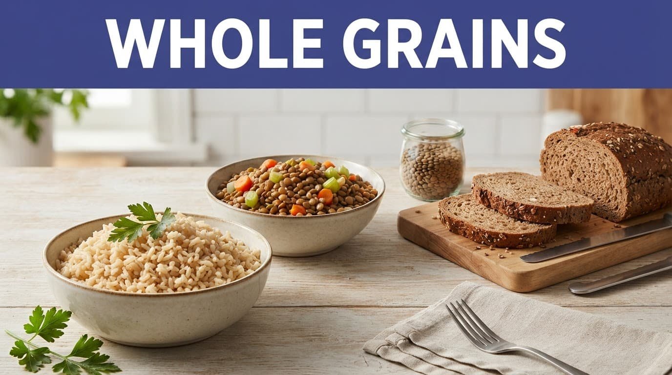 Brown rice, lentils, and whole grain bread on a kitchen counter.