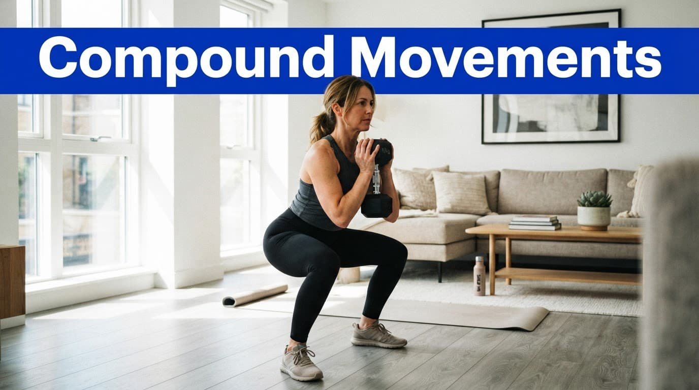 Woman performing a dumbbell goblet squat in a bright living room.