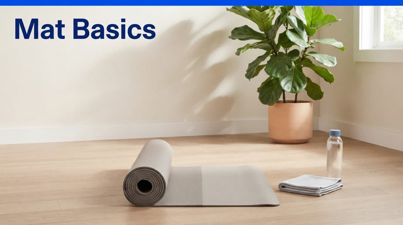 Rolled and unrolled yoga mats beside a towel and water bottle.