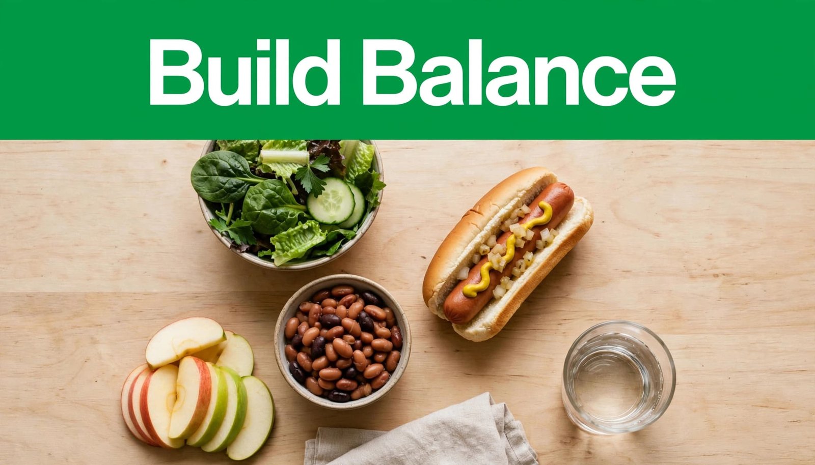 A hot dog sits beside greens, fruit, beans, and a glass of water.