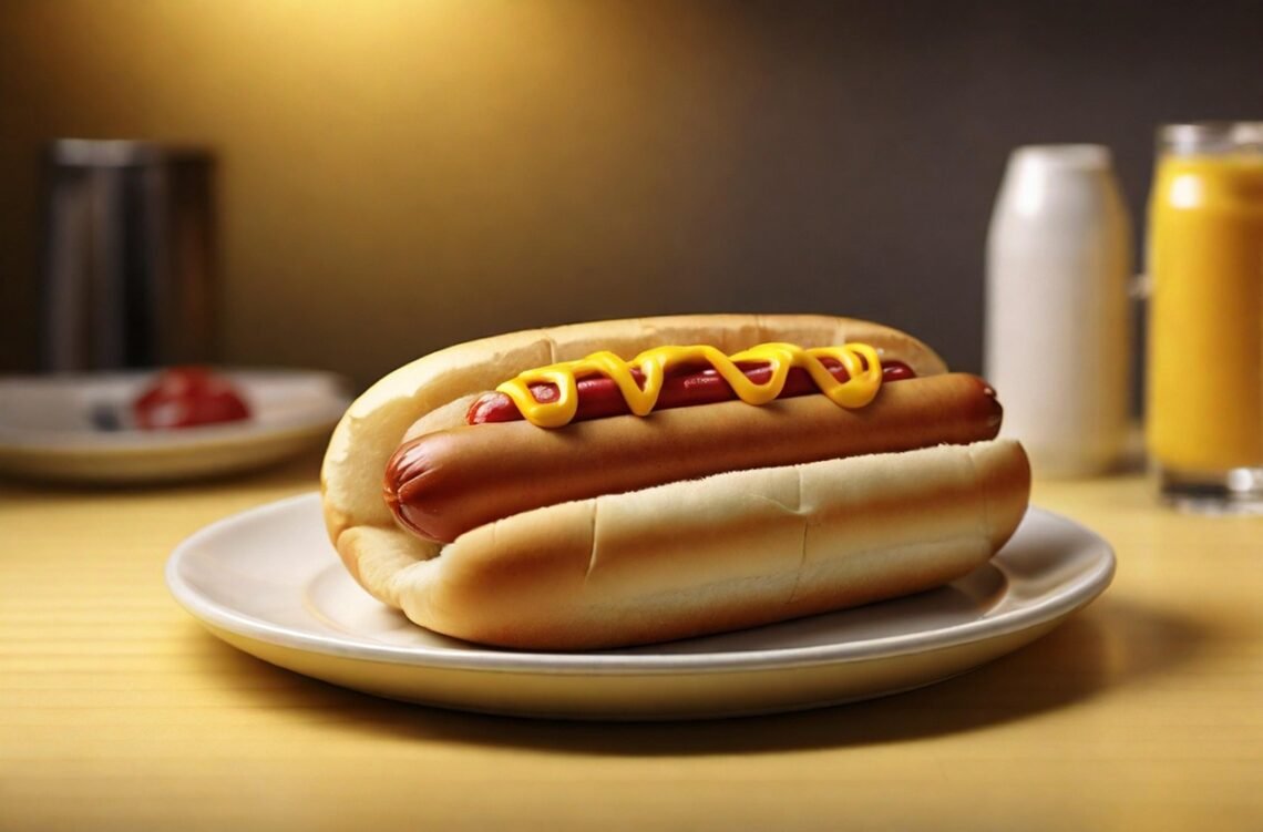 A loaded hot dog beside a red soda cup under a green Nutrition banner.