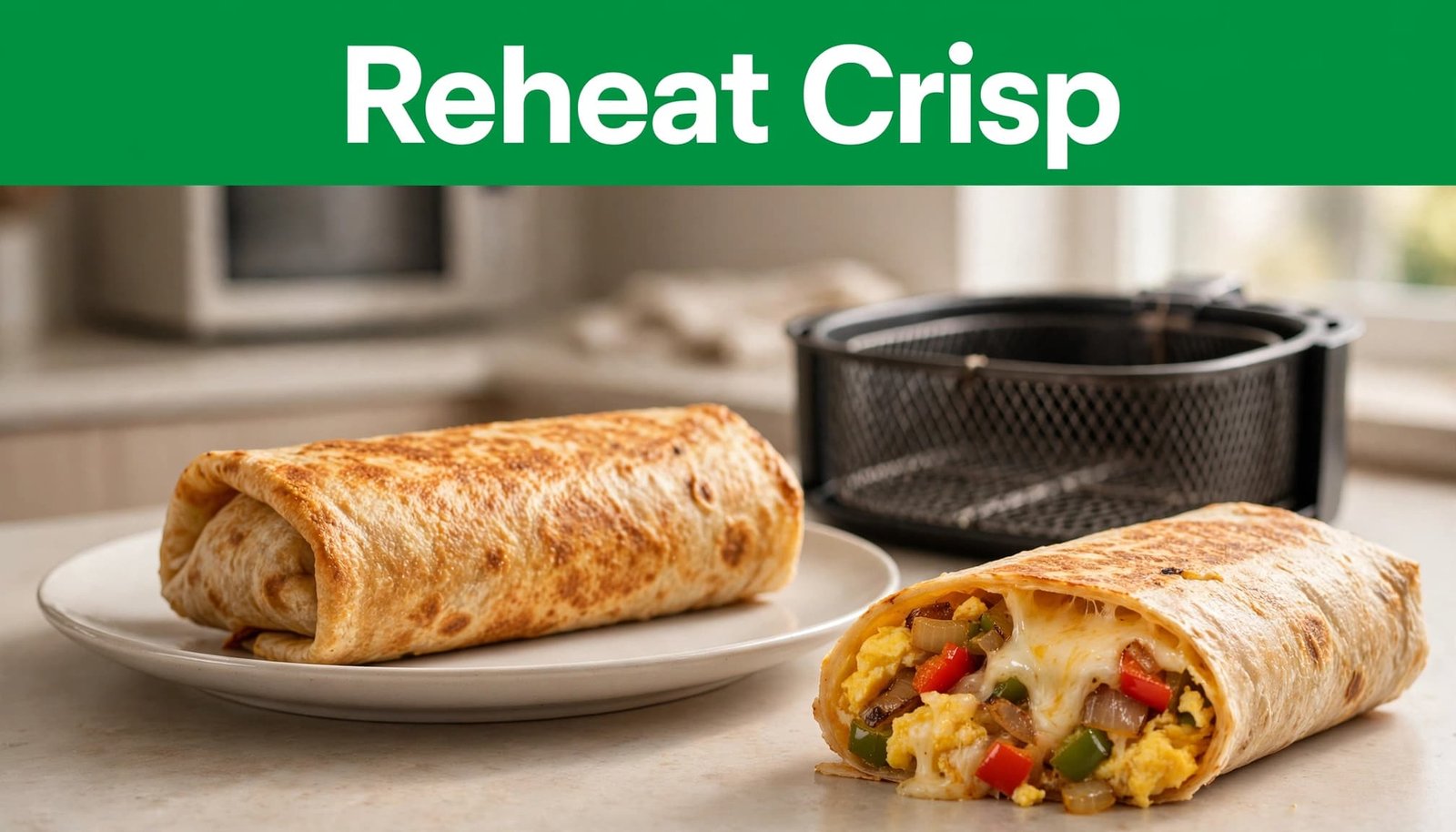 A crisp burrito beside an air fryer basket and a cut-open burrito with melted cheese.