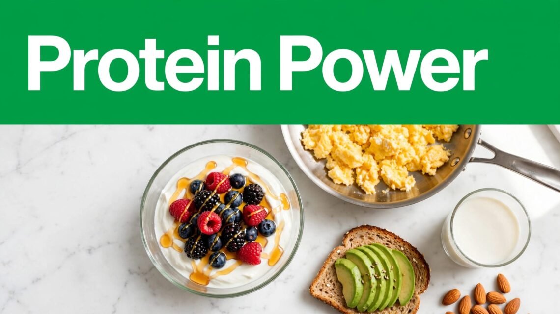 Greek yogurt, eggs, avocado toast, soy milk, and almonds on a marble counter.